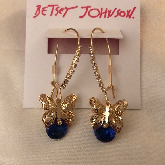 Betsey Johnson Gold Tone Filigree Butterfly With Blue Crystal Drop Earrings NWT - Picture 2 of 9